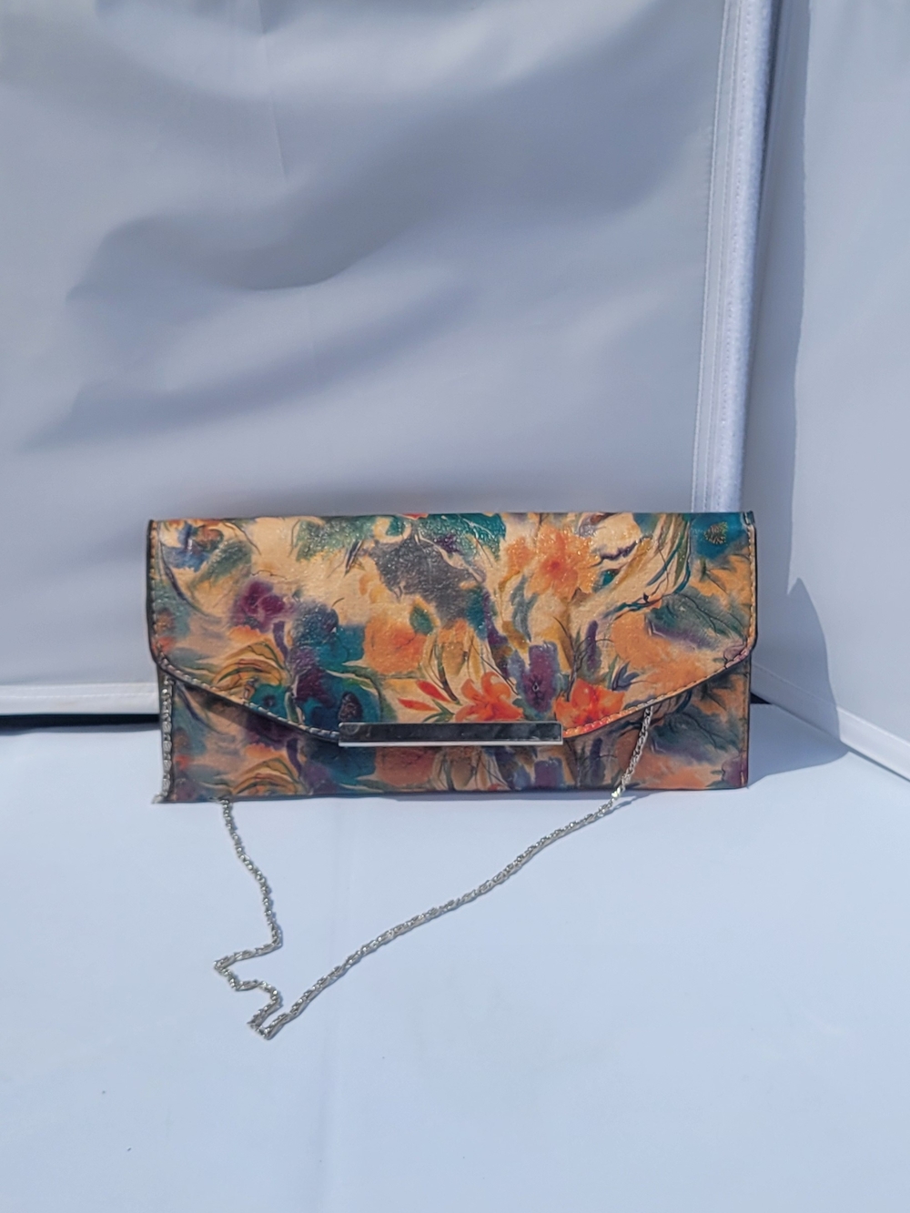 Floral Hand Panted Vintage Leather Envelope Clutch Purse Multicolor